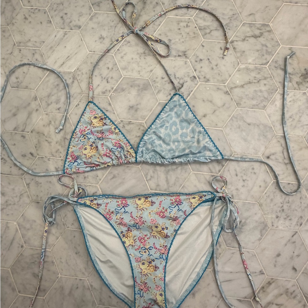LoveShackFancy Blue and Floral Bikini